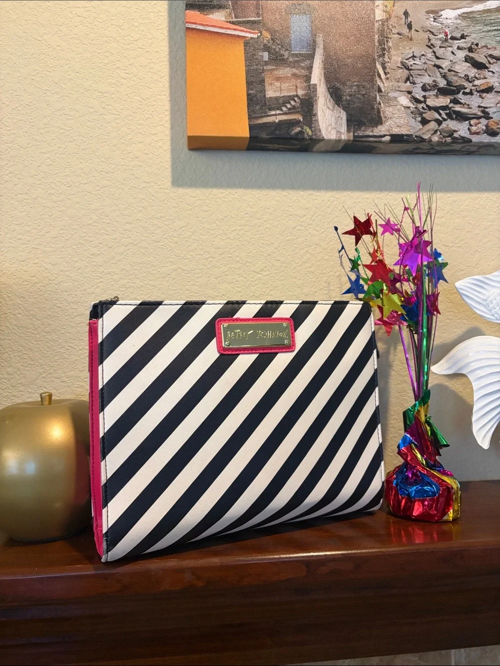 Betsey Johnson Black & White Diagonal Stripe Pouch with Pink Trim